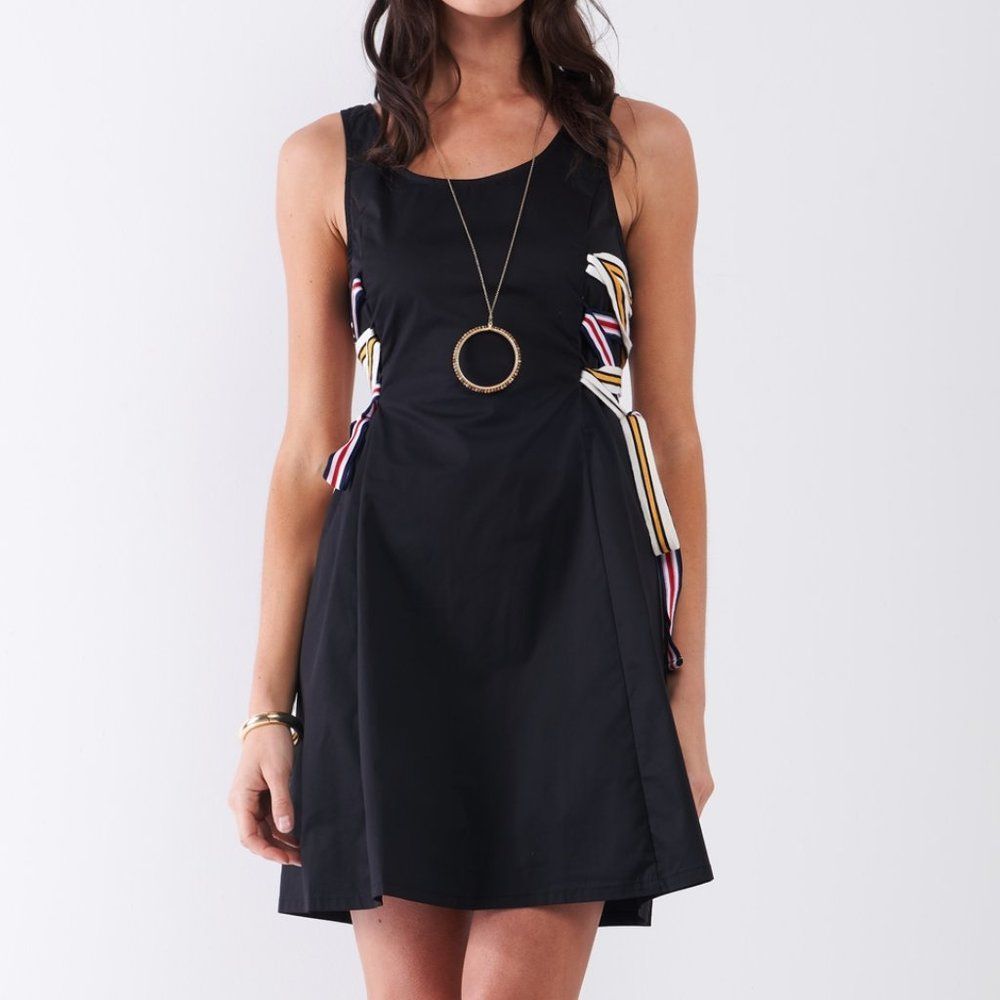 Black Multicolor Strap Lace-Up Side Detail Sleeveless Round Neck Mini Dress